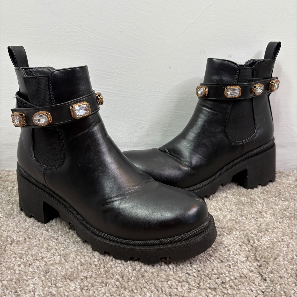 Black Chelsea Ankle Boots Gold Jewel Detail Lug‎ Chunky Sole Platform Size 8.5